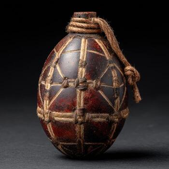 Egg-shaped object with a dark finish, cross-hatched by rope, and a hanging cord photo