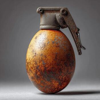 An egg-shaped object with rusty, metallic top, suggesting a modified or conceptual grenade photo