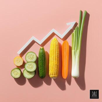 Vegetables arranged in ascending order with an arrow representing growth on a pink background photo