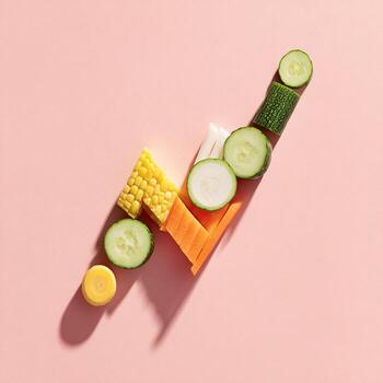 Various fresh-cut vegetables arranged in a zig-zag on a pastel pink background photo