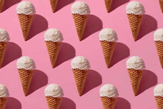 Pattern of vanilla ice cream scoops on waffle cones against a vivid pink background photo