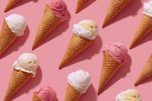 Ice cream cones in a pattern, various flavors on a pink background, well-lit, studio shot photo