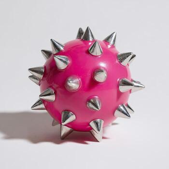 A shiny pink sphere with numerous metallic, conical spikes, casting a slight shadow photo