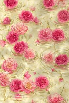 Pink roses float in rippled, water-like surface, creating a decorative, dreamy scene photo