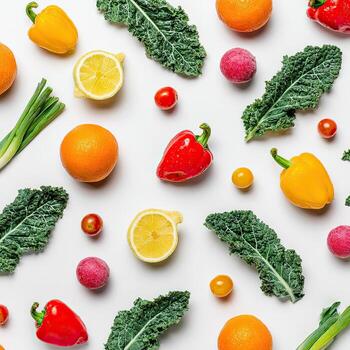 A variety of fruits and vegetables arranged on a white surface photo