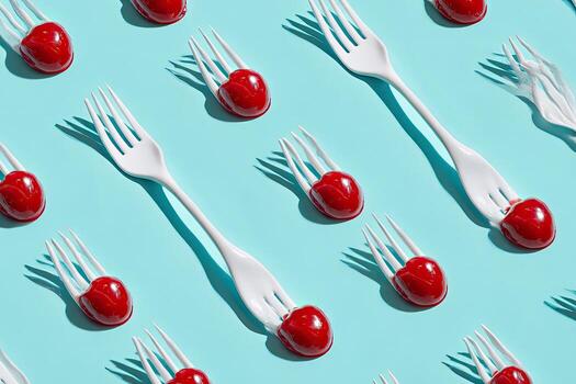 gastos generales Disparo de cerezas alanceado por blanco tenedores en un verde azulado superficie, creando un repitiendo modelo foto