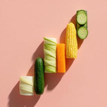Colorful fresh vegetables arranged in a diagonal pattern, casting shadows on a pink backdrop photo