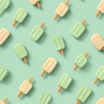 A repeating pattern of green and yellow popsicles on a pale teal background photo