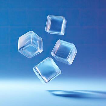 Four transparent cubes levitate against a gradient blue background, casting soft shadows photo