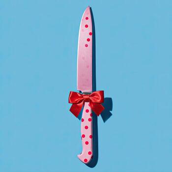 Pink, polka-dotted knife with red bow, set against a bright blue background photo