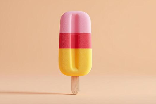 A three-layered, brightly colored popsicle on a stick against a neutral background photo