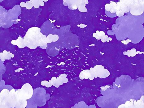 Cartoon sky with fluffy white clouds, rain, and birds against a deep purple background photo