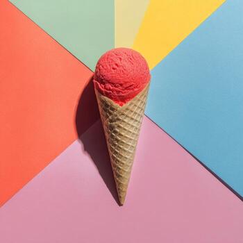 A single scoop of pink ice cream in a waffle cone, set against a vibrant color-blocked background photo