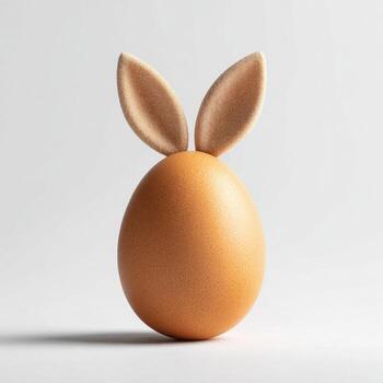 A brown egg sits upright with tan rabbit ears affixed to it against a simple white backdrop photo