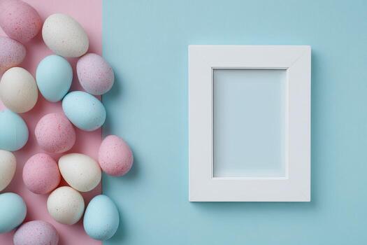 Pastel-colored eggs cascade on a split background, juxtaposed with a white picture frame photo