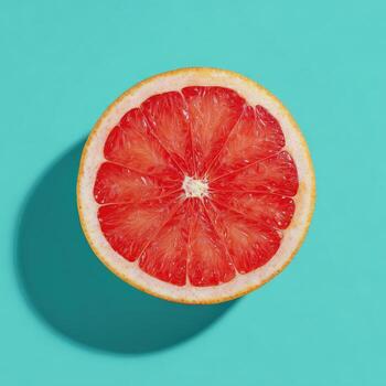 Top-down view of a halved citrus fruit against a turquoise backdrop, casting a gentle shadow photo