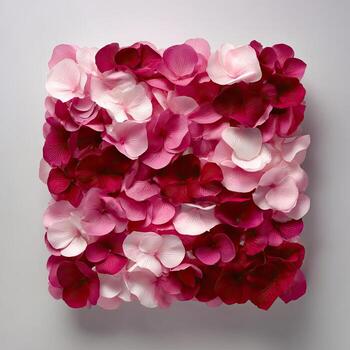 cuadrado de en capas, vistoso pétalos, arreglado en sombras de rosado y rojo, en un gris antecedentes foto