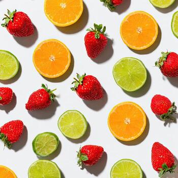 Overhead shot of cut citrus fruits and strawberries arranged randomly on a white surface photo