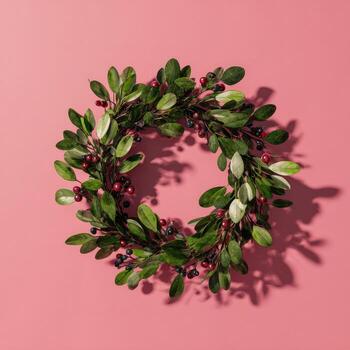 Overhead shot of a vibrant green wreath with berries, casting a shadow on a pink surface photo