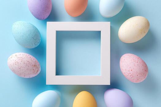 Pastel Easter eggs surround a white frame, arranged on a light blue background photo