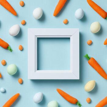A white frame surrounded by carrots and eggs photo