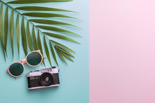 Tropical palm leaves and sunglasses on a pink and blue background flat lay with copy space for your photo