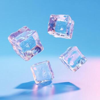 Four clear ice cubes floating against a gradient pastel blue and pink background photo