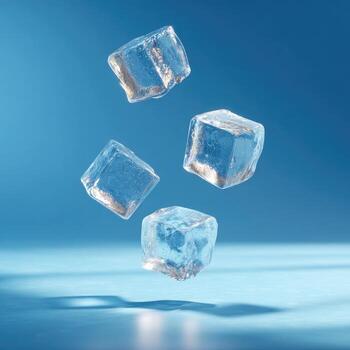 cuatro translúcido hielo cubitos suspendido aire en contra un degradado azul antecedentes foto