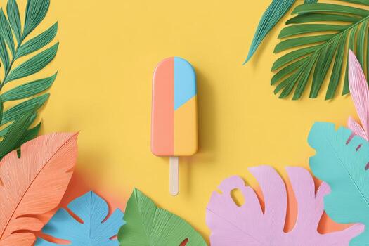 Overhead view of colorful popsicle on stick surrounded by tropical paper leaves over yellow background photo