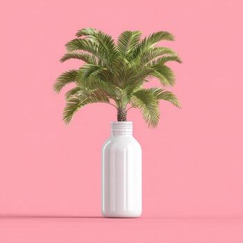 Palm tree sprouts from a white bottle against a soft pink backdrop, creating a surreal image photo