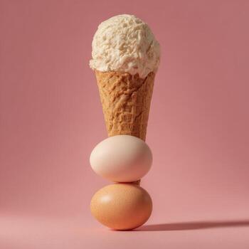 A vanilla ice cream cone balances atop two eggs, set against a pink backdrop, with harsh lighting photo