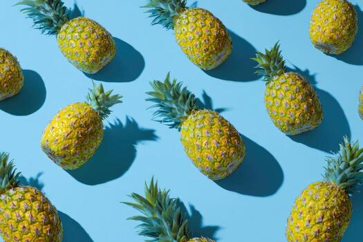 Pattern of ripe pineapples on light blue background, casting distinct shadows photo