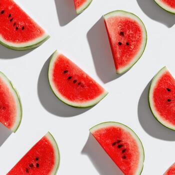 Overhead shot of several watermelon slices arranged diagonally on a white background photo
