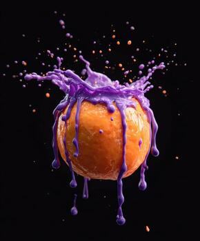 Vibrant image of an orange exploding with purple liquid against a stark black background photo