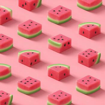 Square watermelon slices arranged in a grid on a pink background. Colorful, geometric, and fresh photo