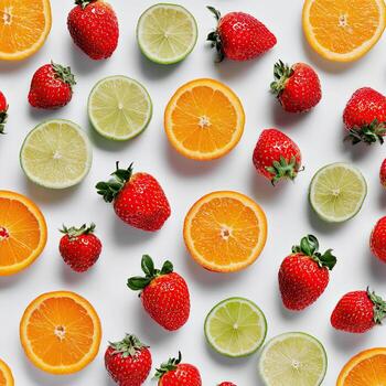 Top-down view of scattered, fresh fruits including strawberries, limes, and oranges photo