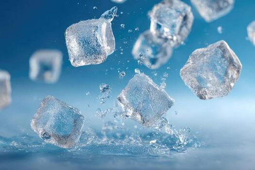 Clear ice cubes in motion, splashing water droplets against a gradient blue backdrop photo