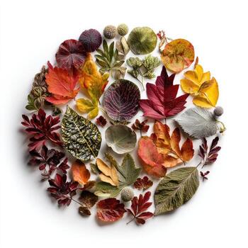 Colorful autumn leaves arranged in a circle on a white background, varied shapes and shades photo