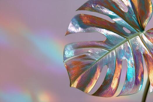 Large, iridescent Monstera leaf with rainbow light patterns on a pale lilac background photo