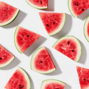 Overhead shot of sliced watermelon pieces, red and green, on a white backdrop photo