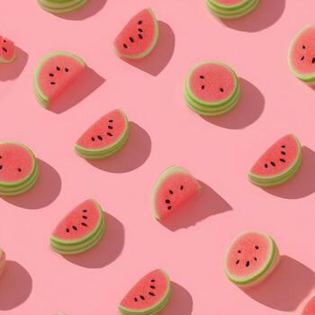 Array of whimsical watermelon slices with shadows on a pink background photo