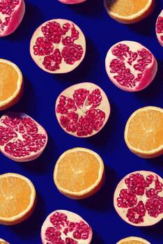 rebanado granadas y naranjas en un profundo azul superficie, gastos generales perspectiva foto