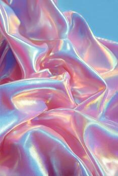 Close-up of shimmering, iridescent fabric with pink and light-blue hues, gently flowing photo