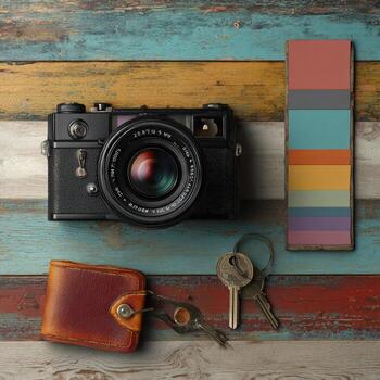 Still life camera, color swatch, keys, and wallet on a weathered, multicolored wood surface photo