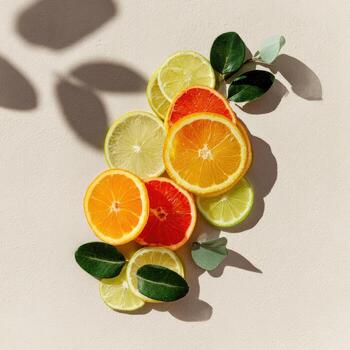 Sliced citrus fruits and greenery arranged on a light surface with a shadow photo