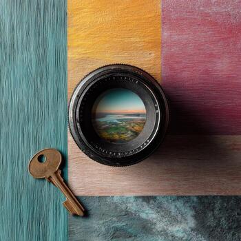 A lens reveals a landscape, with a key on a multi-colored wooden surface photo