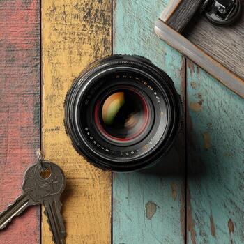 un cámara lente se sienta encima un vistoso, resistido de madera superficie, con llaves y un caja foto