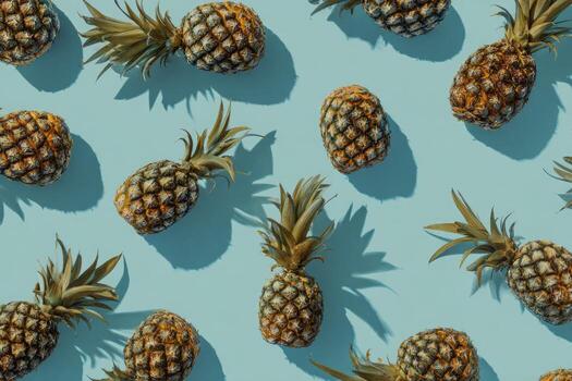 A repeating pattern of pineapples, casting strong shadows on a light blue surface photo