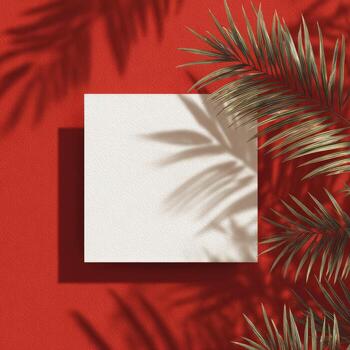 cuadrado papel y palma fronda oscuridad en un vibrante rojo antecedentes foto