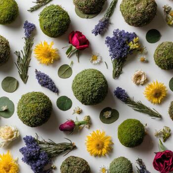 Overhead view showcasing lush green moss balls, various flowers, and foliage on white backdrop photo
